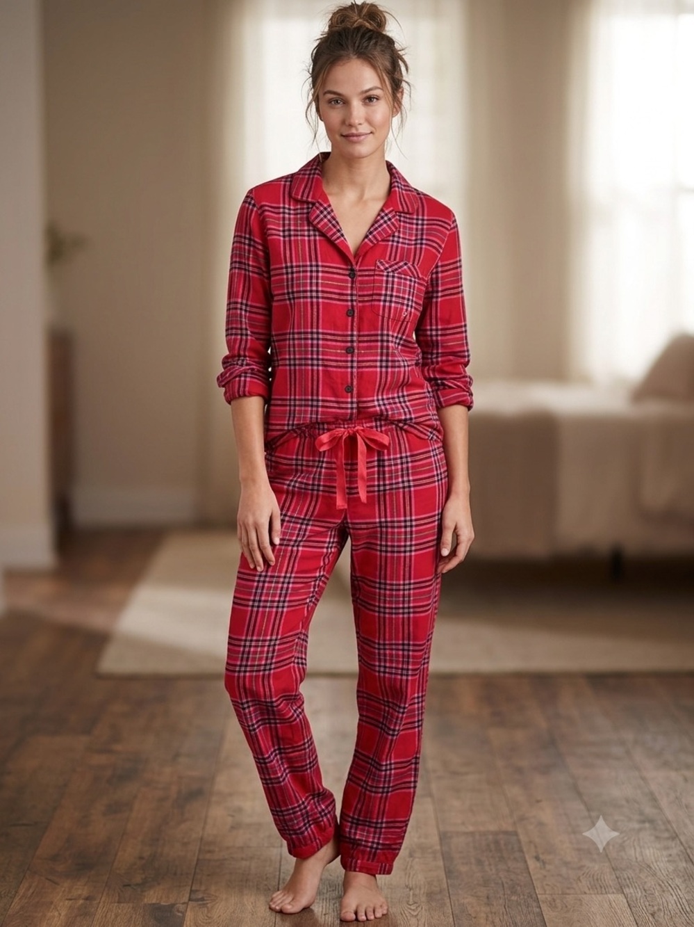 VS Red & Pink Plaid Metallic Shimmer Flannel Pajamas Set Size Small